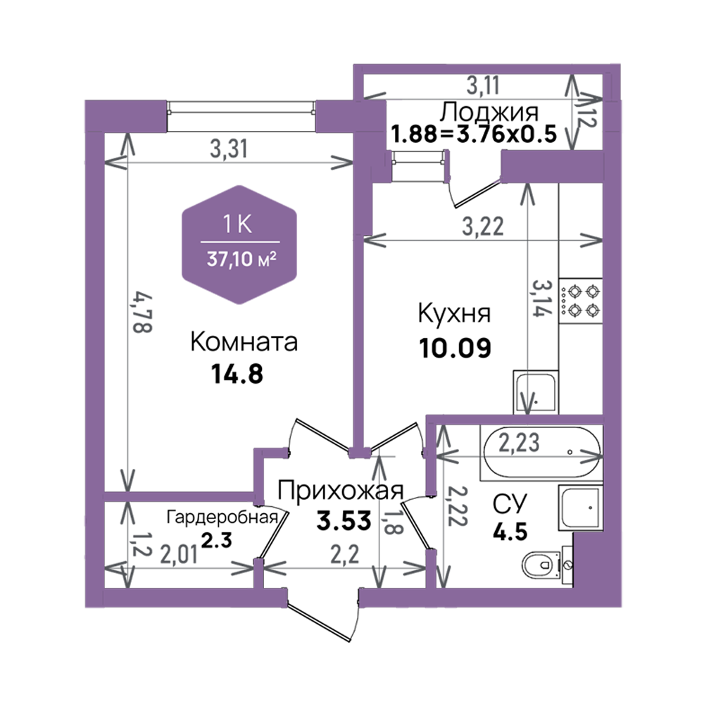 Планировка 1-комнатная 37,1 м²