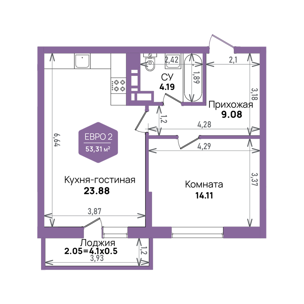 Планировка 2-комнатная 53,31 м²