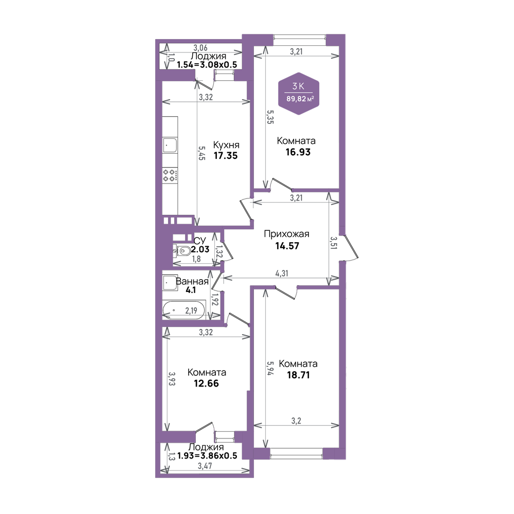 Планировка 3-комнатная 89,82 м²