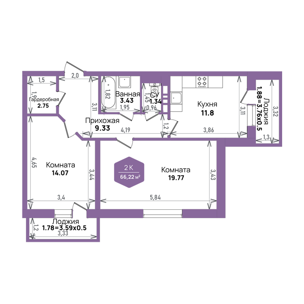 Планировка: 2-комн. квартира 66,2 м²