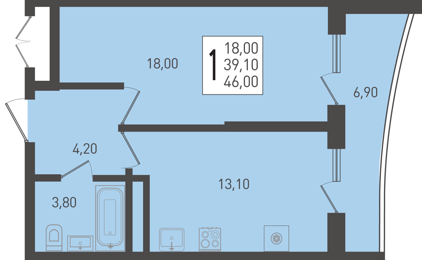 Планировка 1-комнатная 46 м²