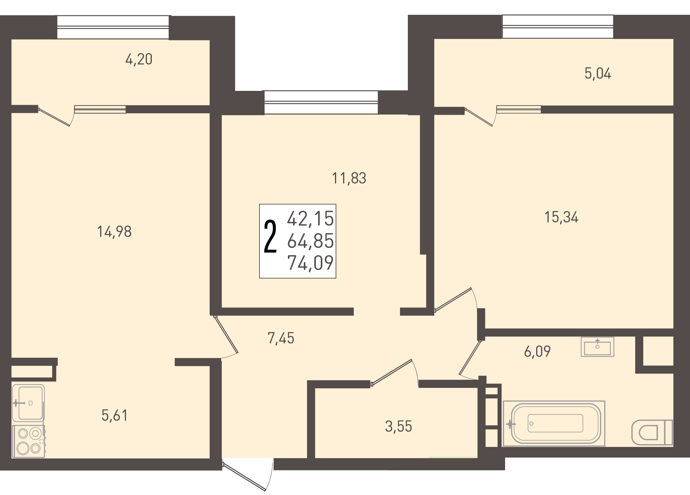 Планировка: 2-комн. квартира 74,1 м²