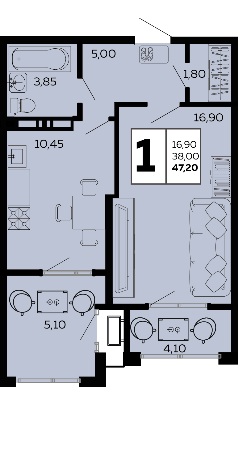 Планировка 1-комнатная 47,2 м²