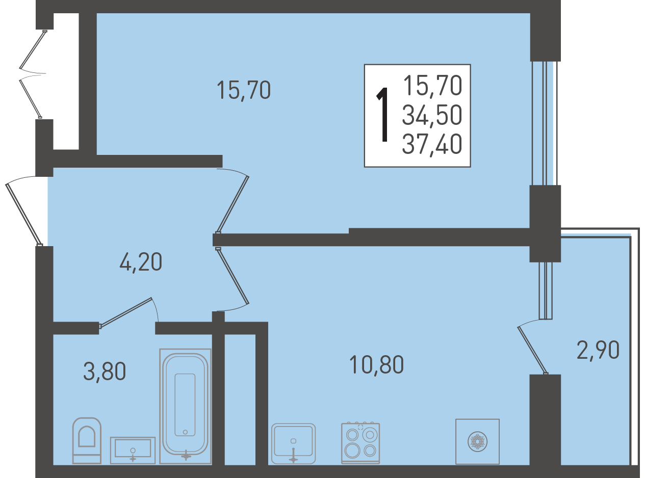 Планировка 1-комнатная 37,4 м²