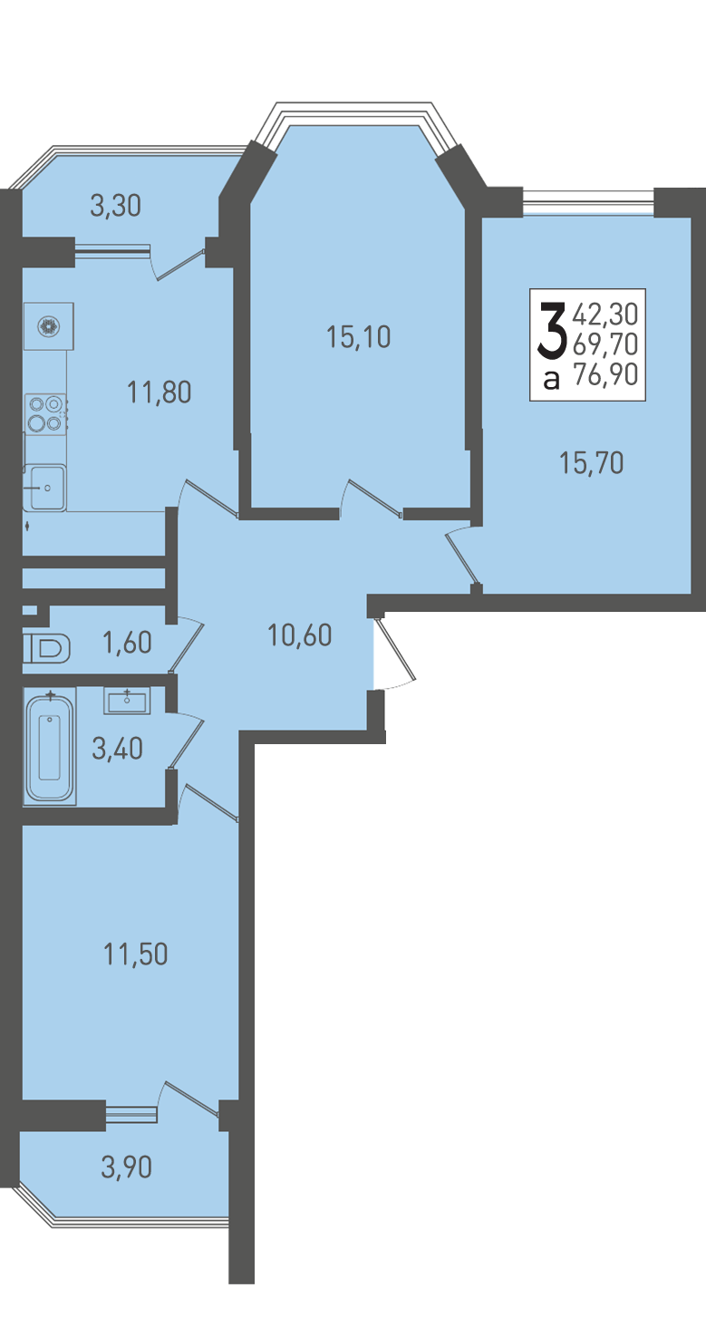 Планировка 3-комнатная 76,9 м²