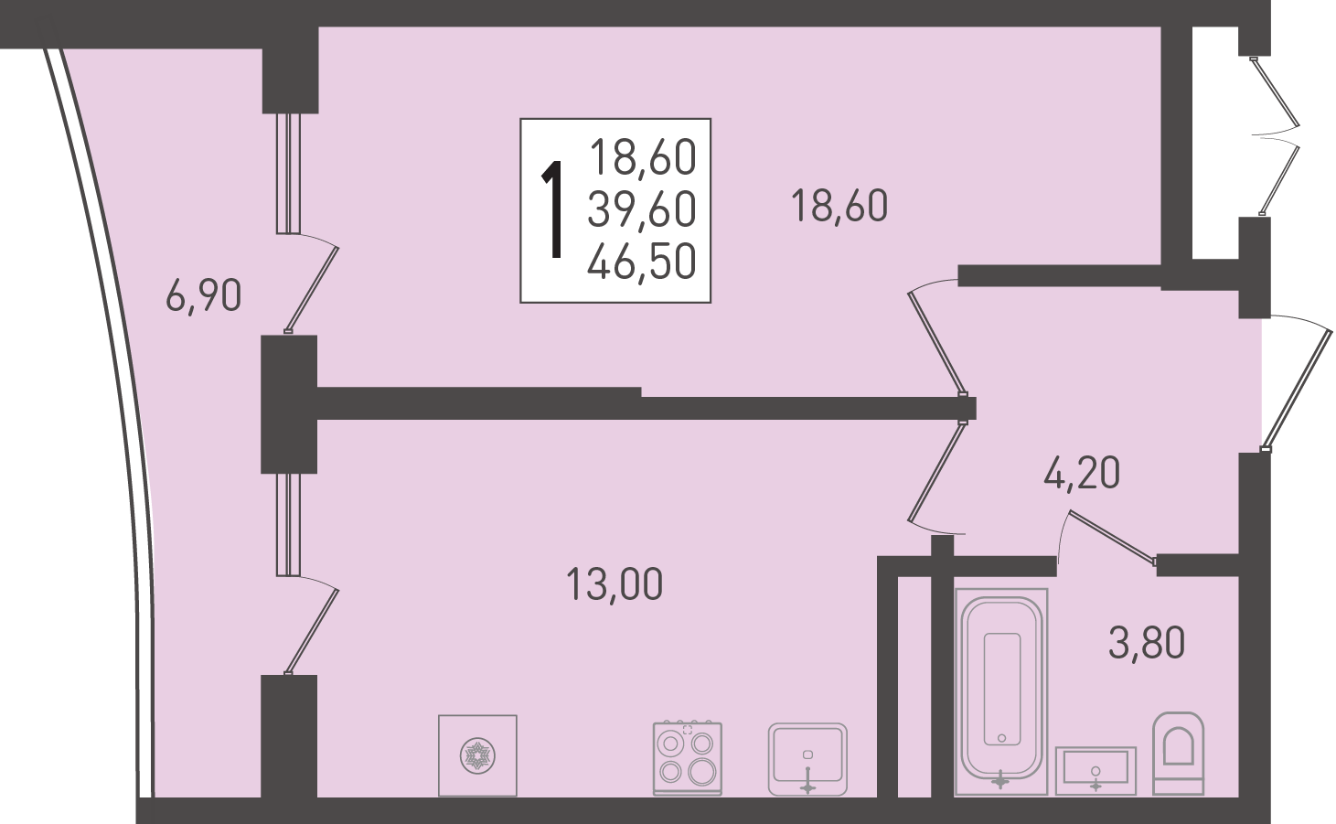 Планировка: 1-комн. квартира 46,5 м²