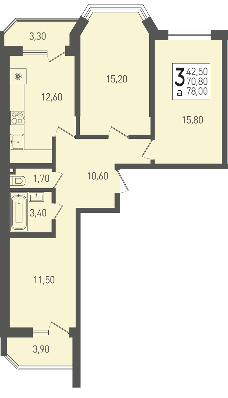 Планировка 3-комнатная 78 м²