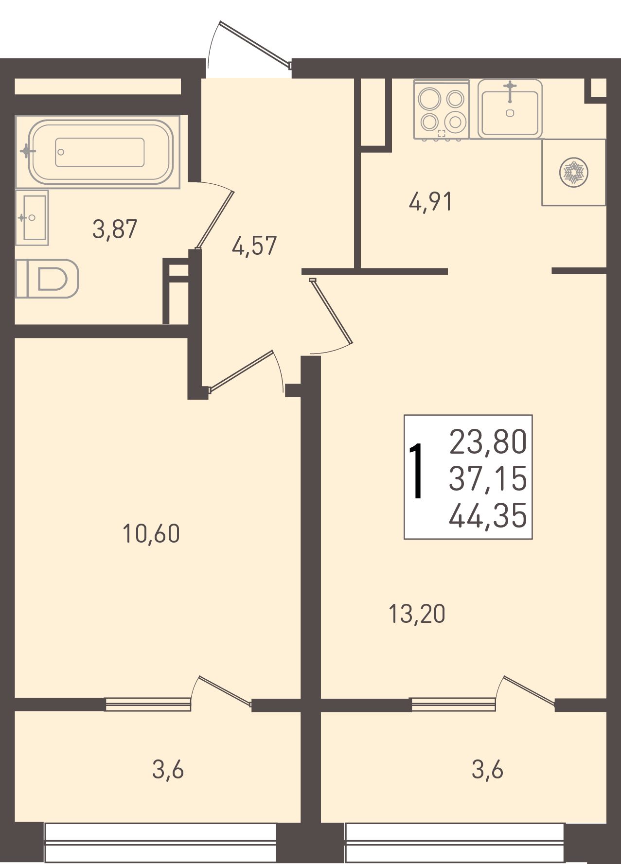Планировка 1-комнатная 44,35 м²