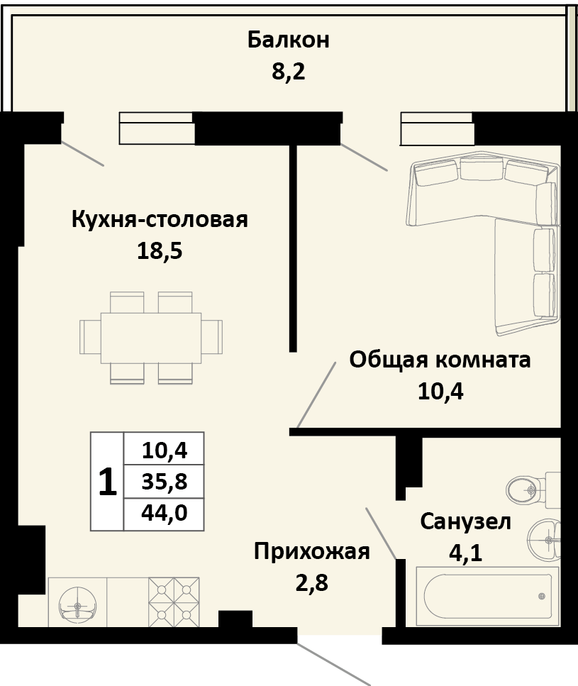 Планировка 1-комнатная 44 м²