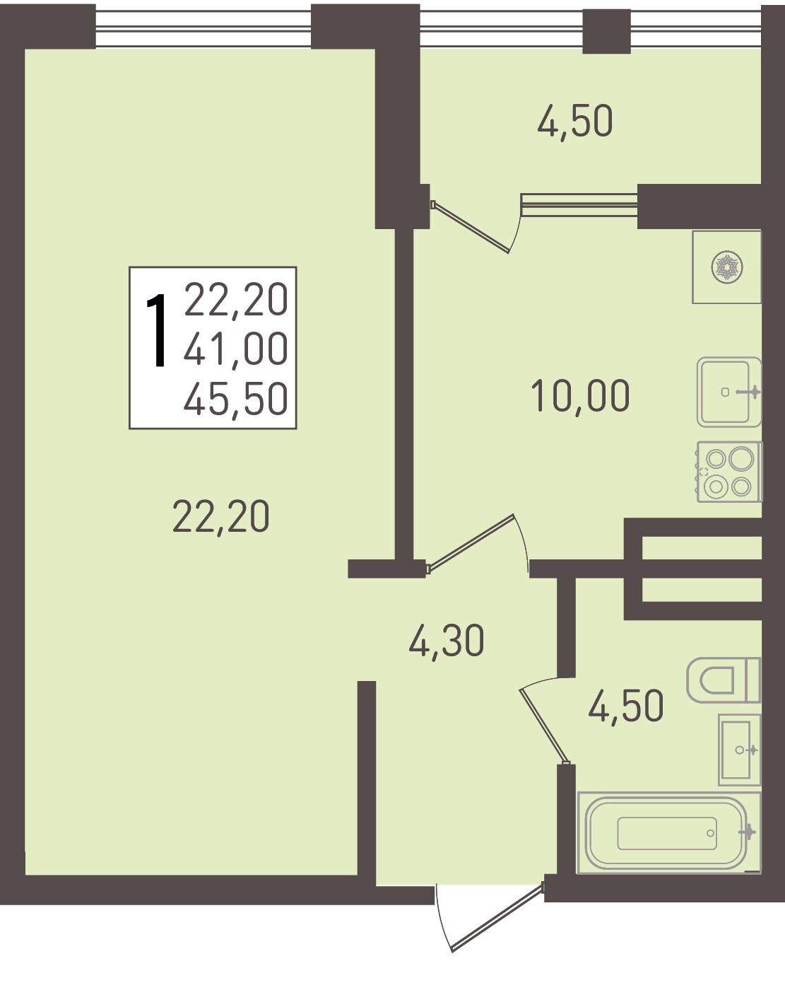 Планировка: 1-комн. квартира 45,5 м²