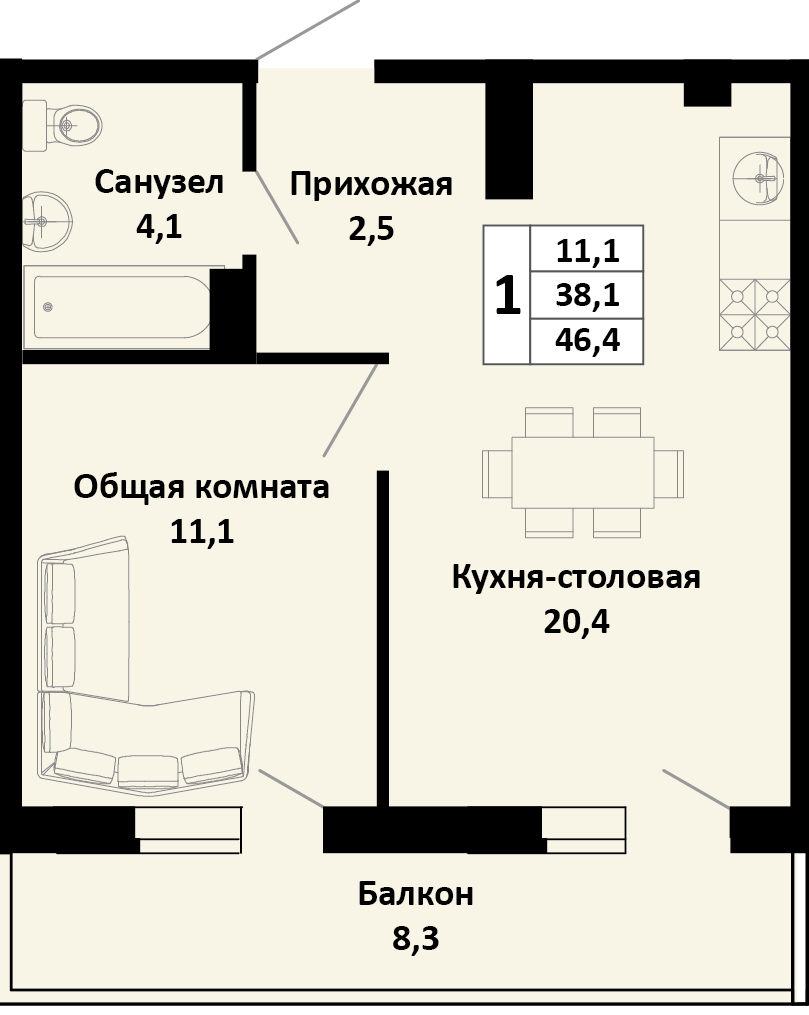 Планировка 1-комнатная 46,4 м²
