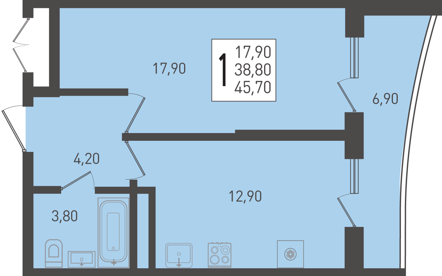 Планировка 1-комнатная 45,7 м²