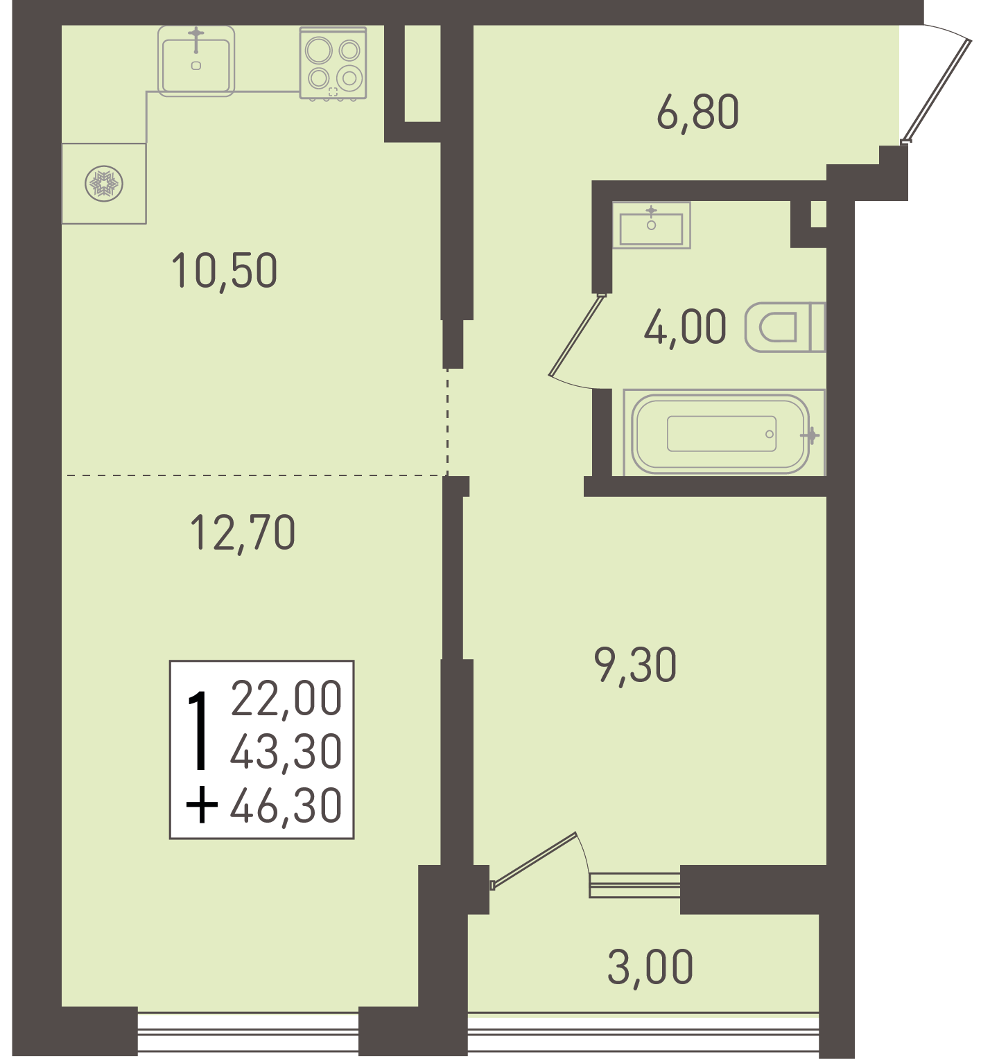Планировка 1-комнатная 46,3 м²