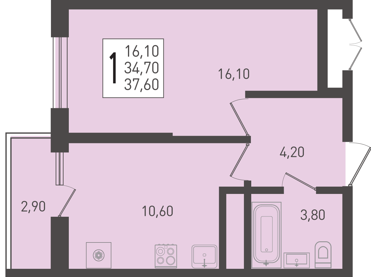 Планировка: 1-комн. квартира 37,6 м²