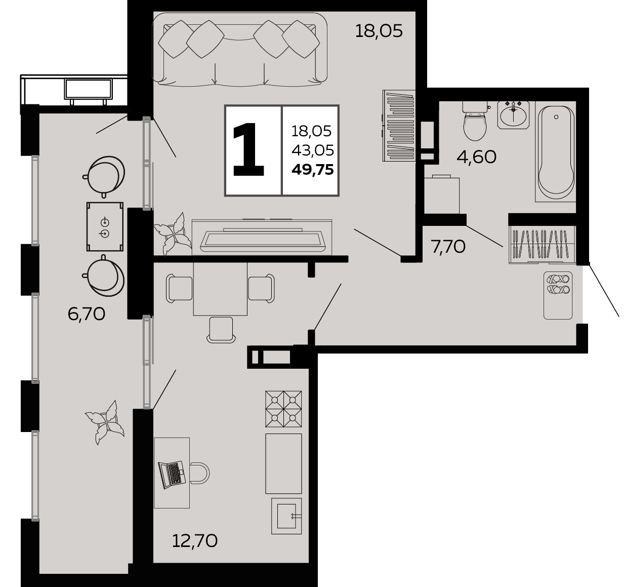 Планировка: 1-комн. квартира 49,8 м²