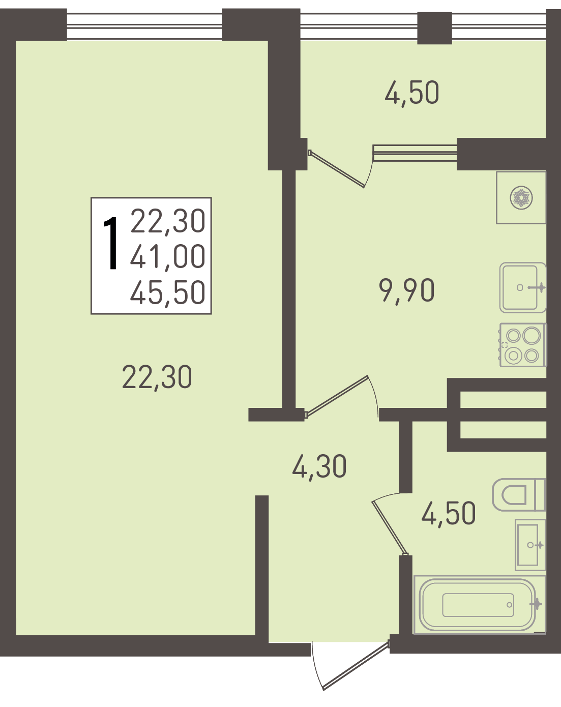 Планировка: 1-комн. квартира 45,5 м²