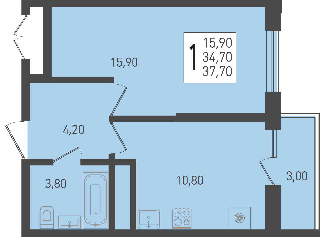 Планировка: 1-комн. квартира 37,7 м²