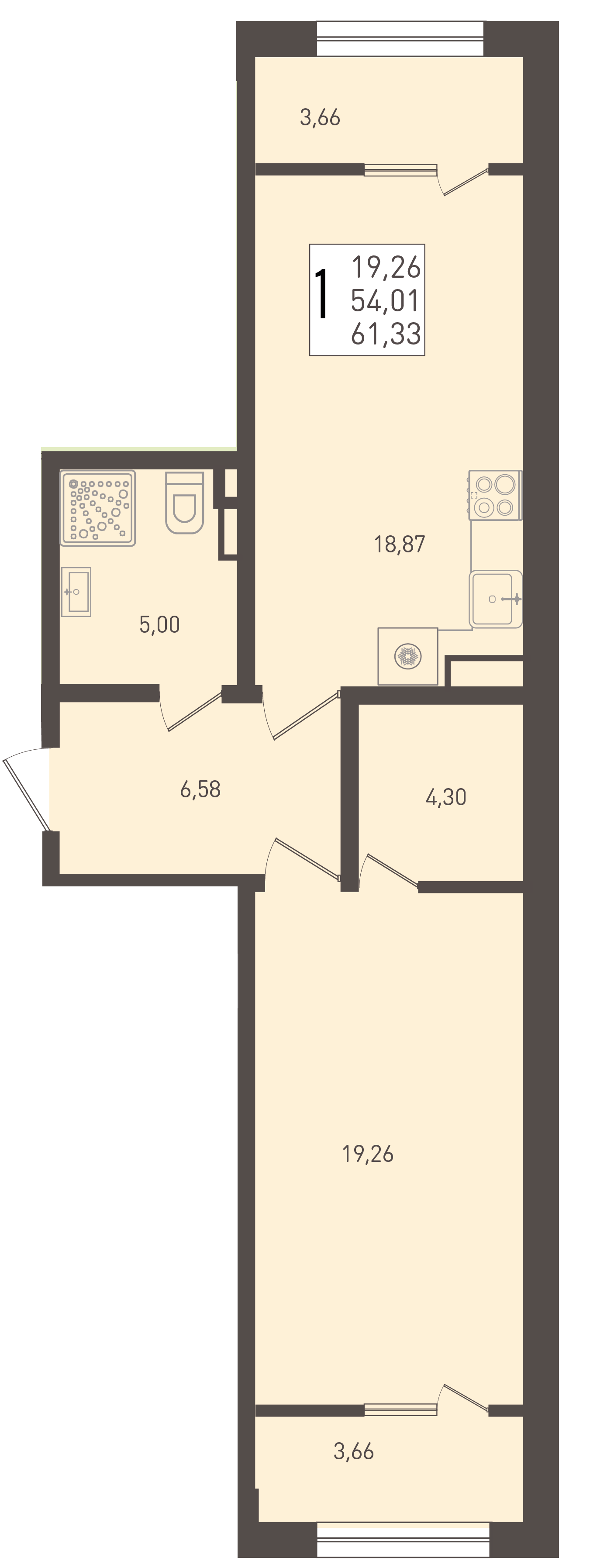 Планировка 1-комнатная 61,33 м²