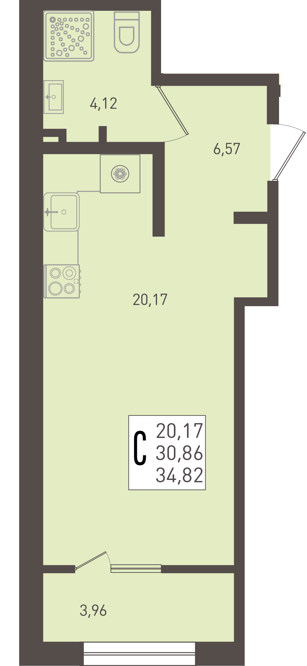 Планировка: Студия 34,8 м²