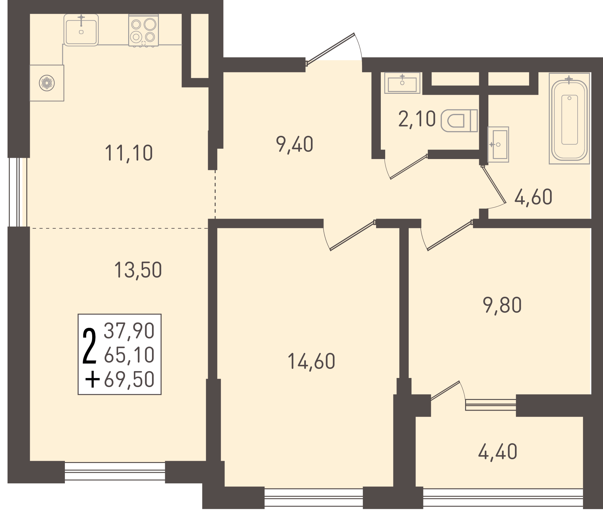 Планировка 2-комнатная 69,5 м²