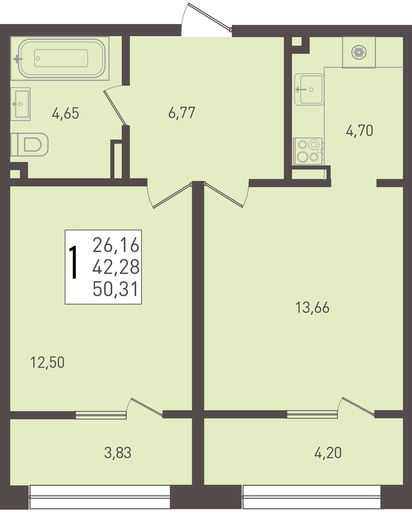 Планировка 1-комнатная 50,31 м²