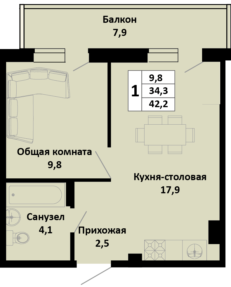 Планировка 1-комнатная 42,2 м²