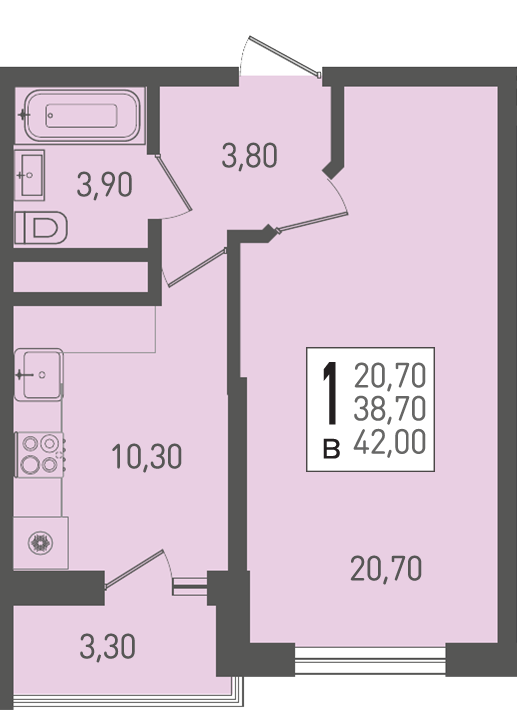 Планировка 1-комнатная 42 м²