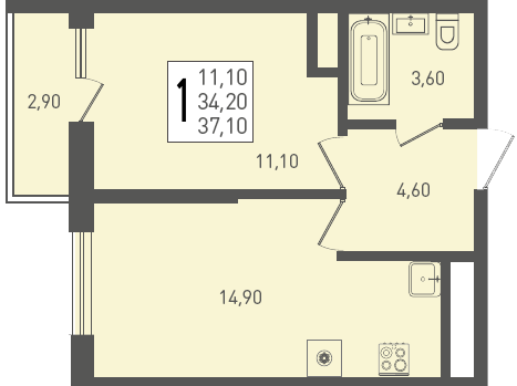 Планировка: 1-комн. квартира 37,1 м²