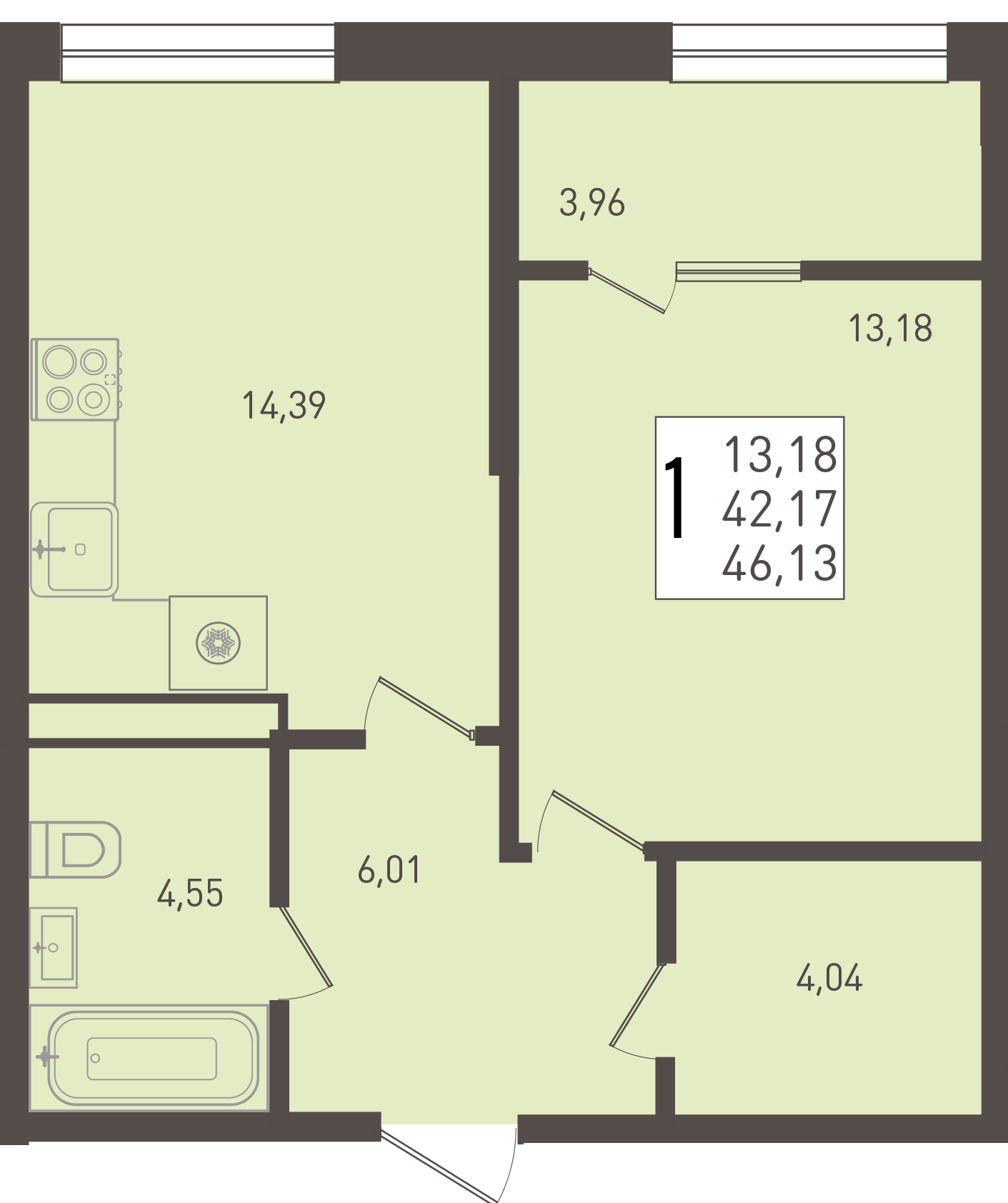 Планировка 1-комнатная 46,13 м²