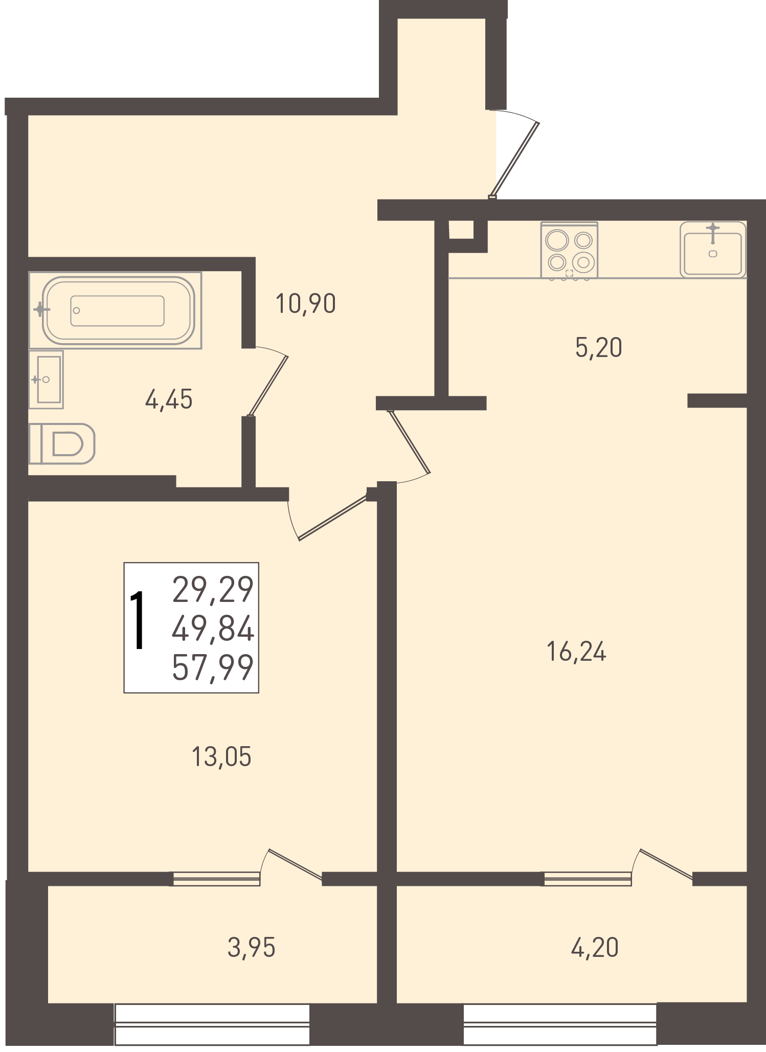 Планировка 1-комнатная 57,99 м²