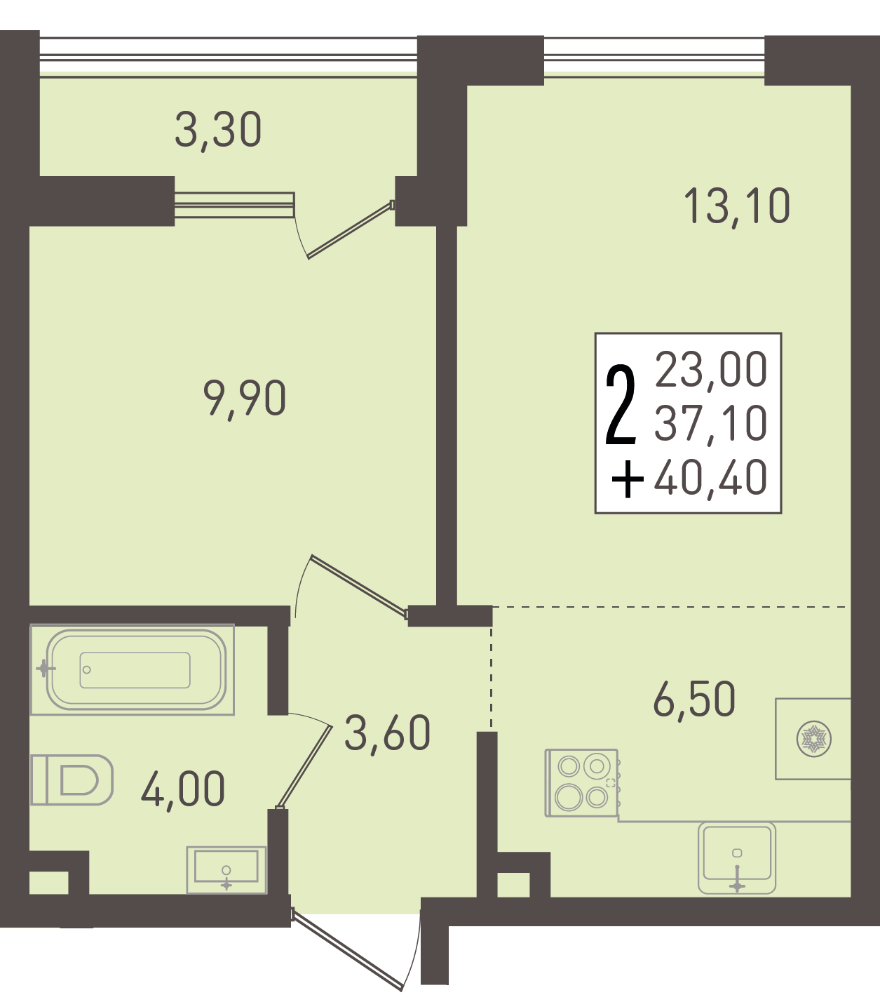 Планировка 2-комнатная 40,4 м²