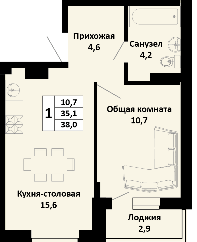 Планировка: 1-комн. квартира 38 м²