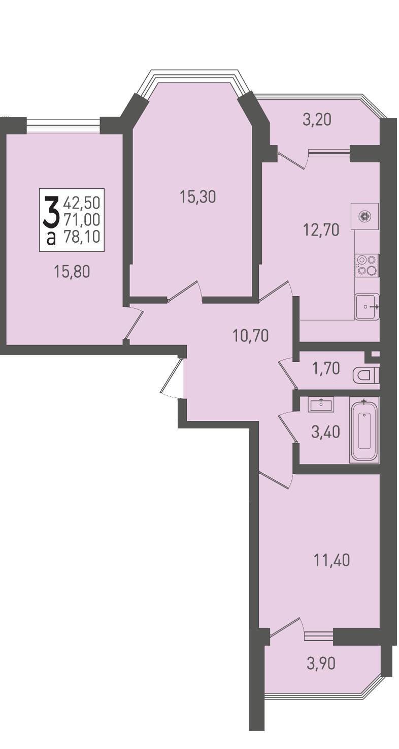 Планировка: 3-комн. квартира 78,1 м²