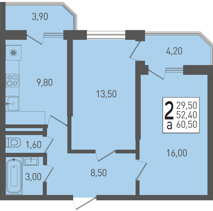 Планировка: 2-комн. квартира 60,5 м²