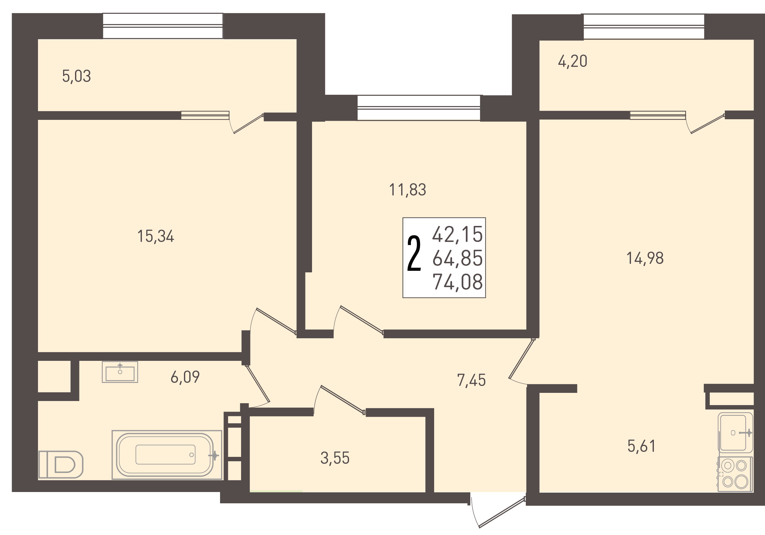 Планировка 2-комнатная 74,08 м²