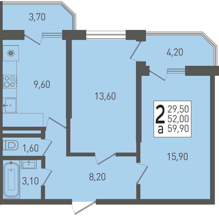 Планировка 2-комнатная 59,9 м²