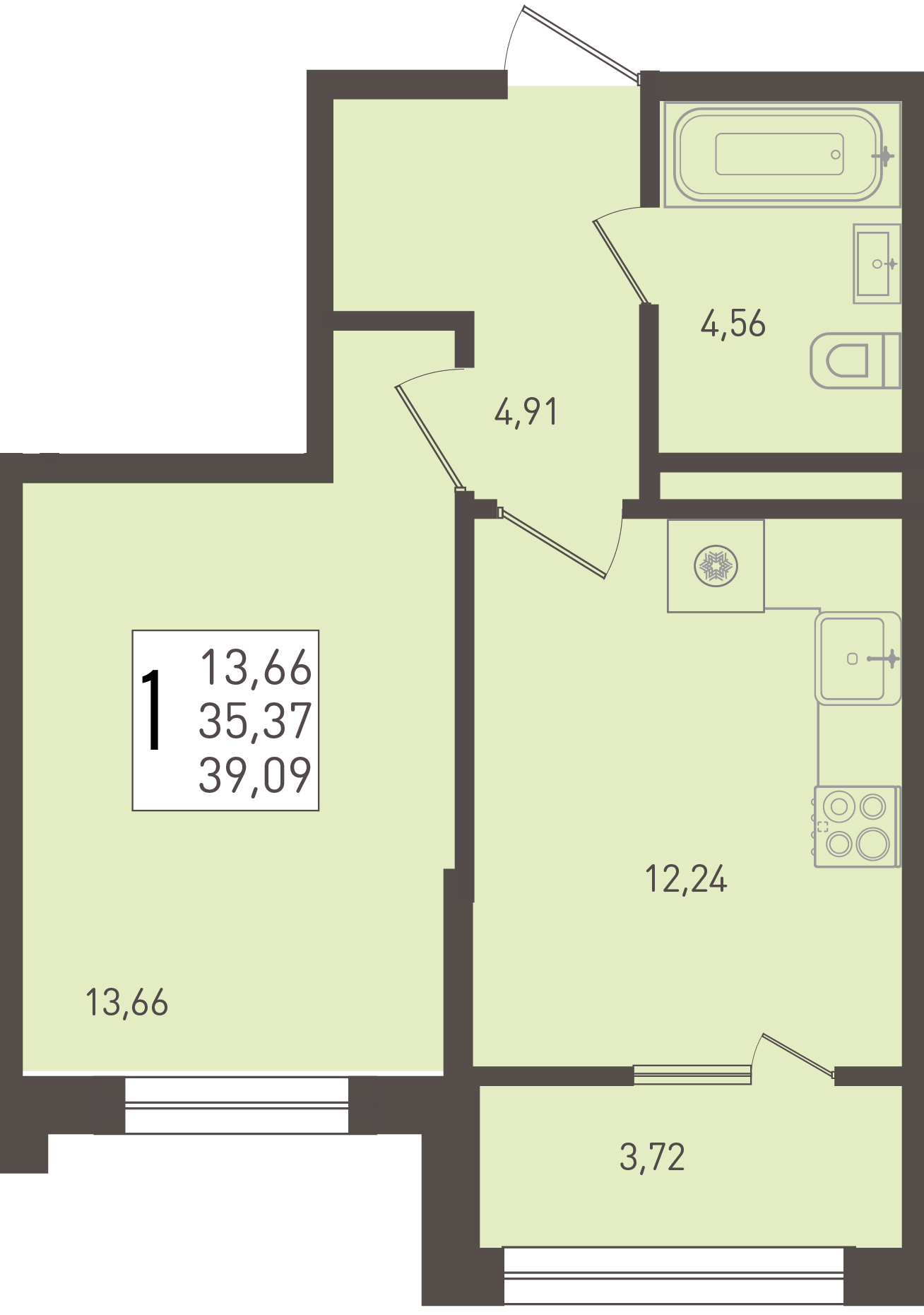 Планировка: 1-комн. квартира 39,1 м²