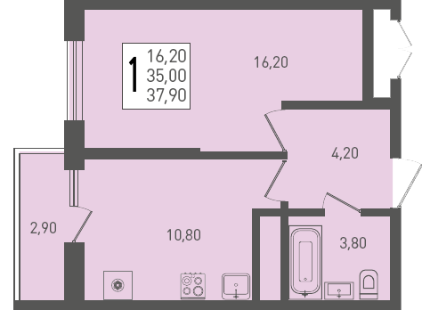 Планировка: 1-комн. квартира 37,9 м²