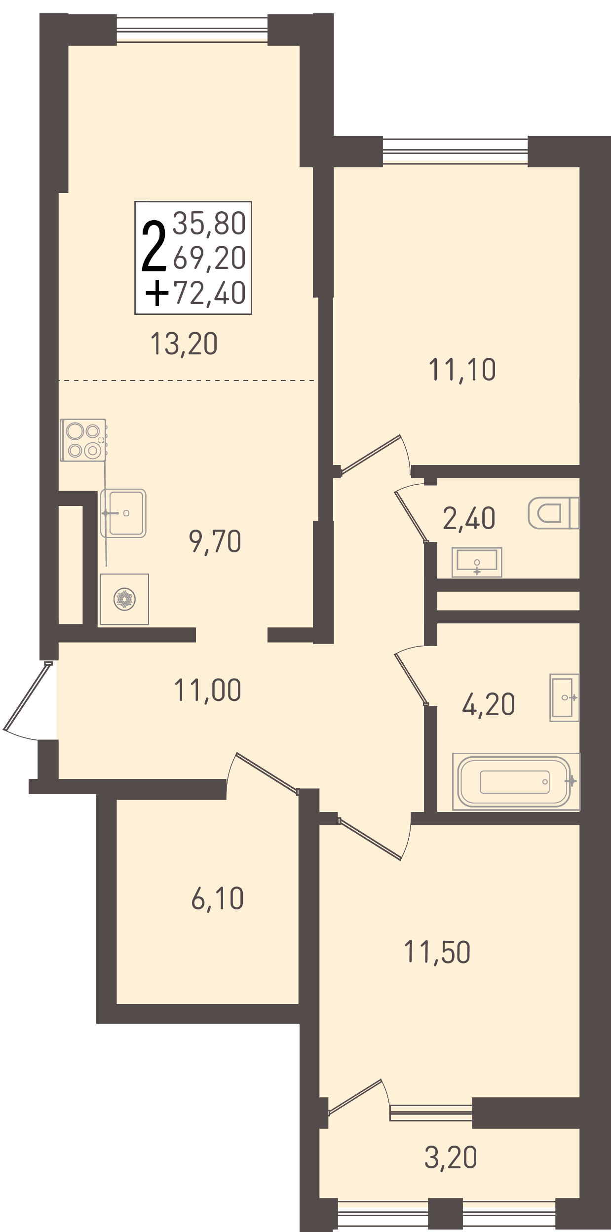 Планировка 2-комнатная 72,4 м²