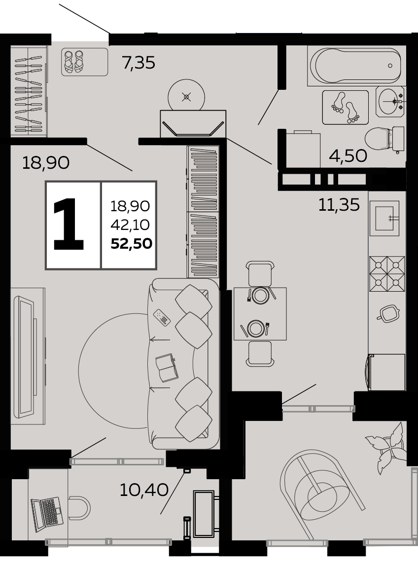 Планировка: 1-комн. квартира 52,5 м²