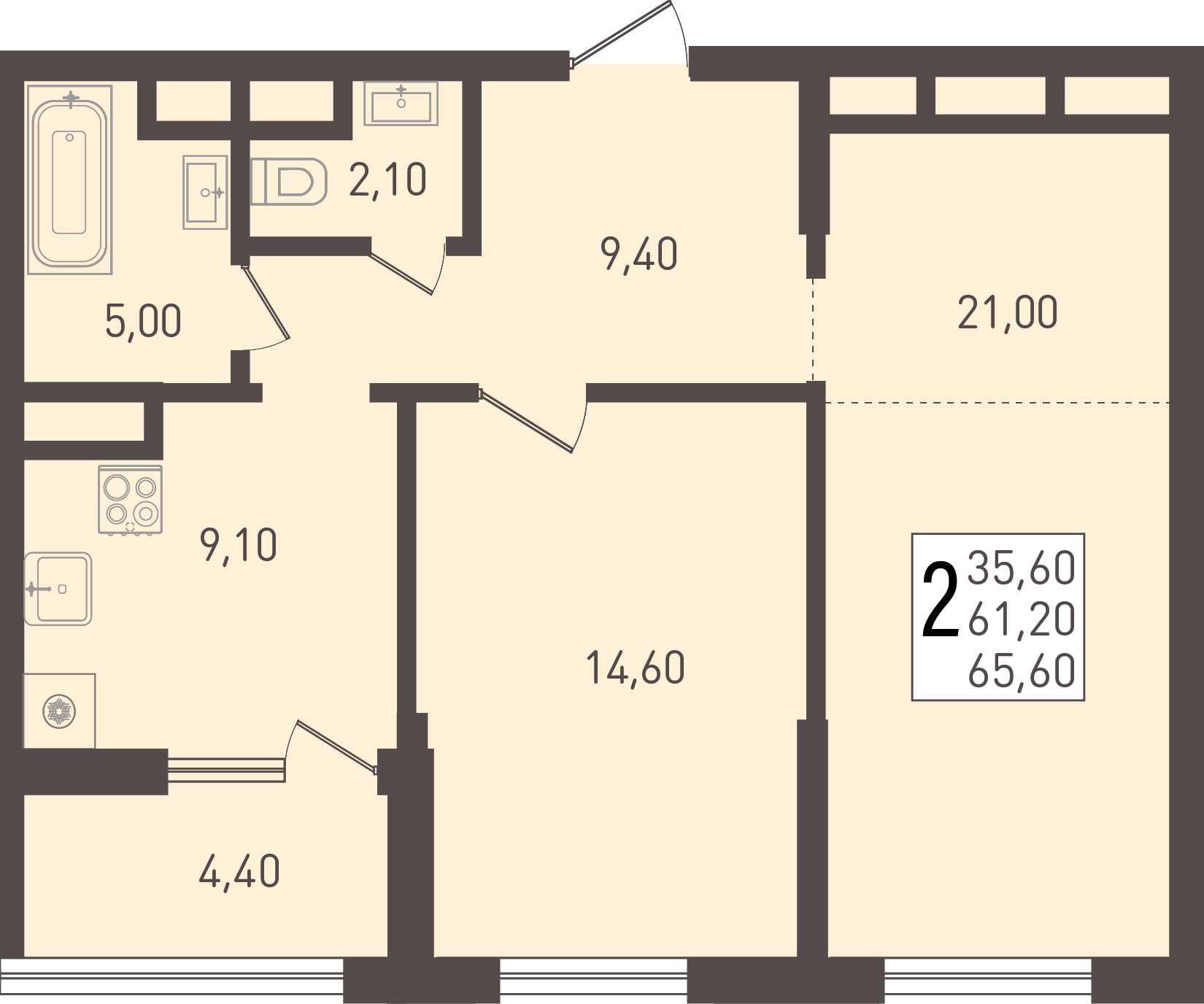 Планировка: 2-комн. квартира 65,6 м²