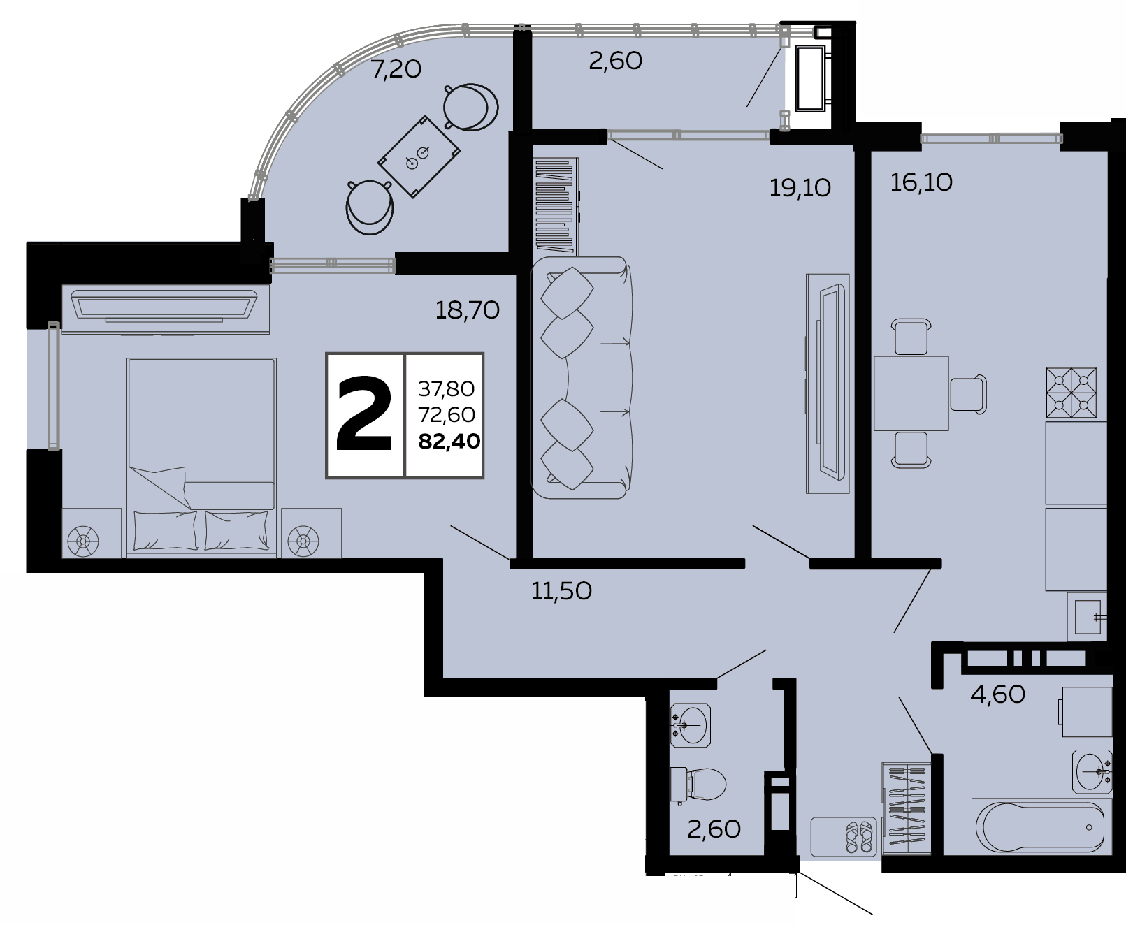 Планировка: 2-комн. квартира 82,4 м²