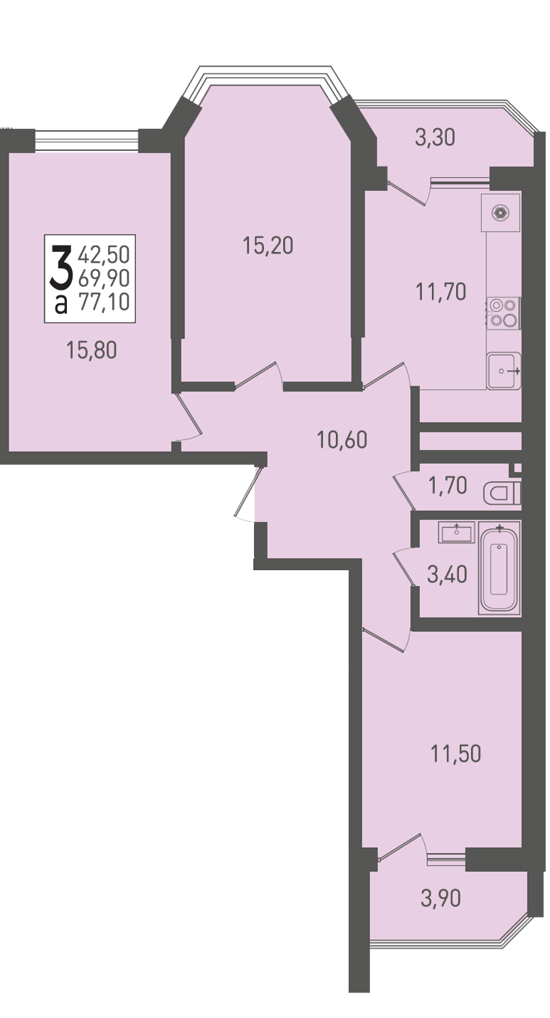 Планировка: 3-комн. квартира 77,1 м²
