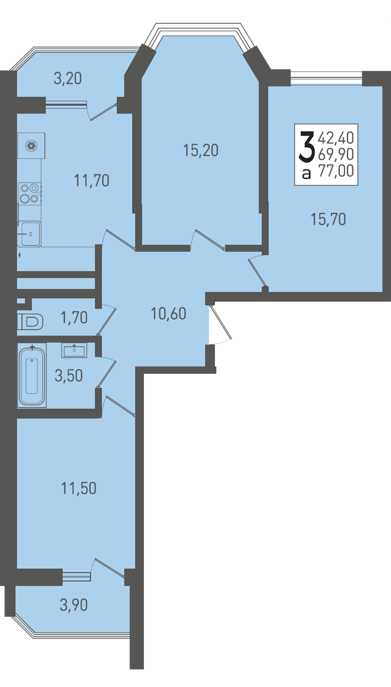 Планировка 3-комнатная 77 м²