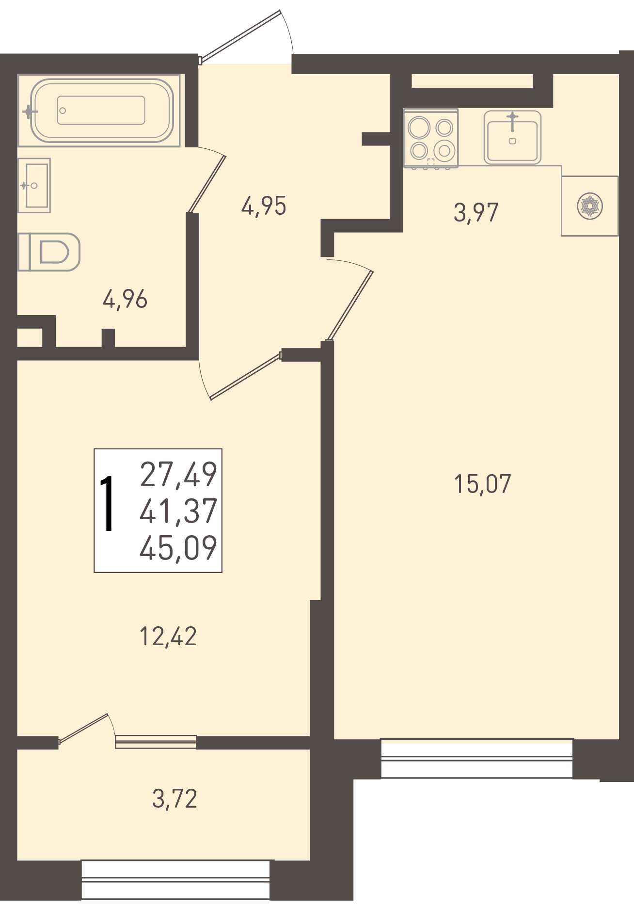 Планировка 1-комнатная 45,09 м²