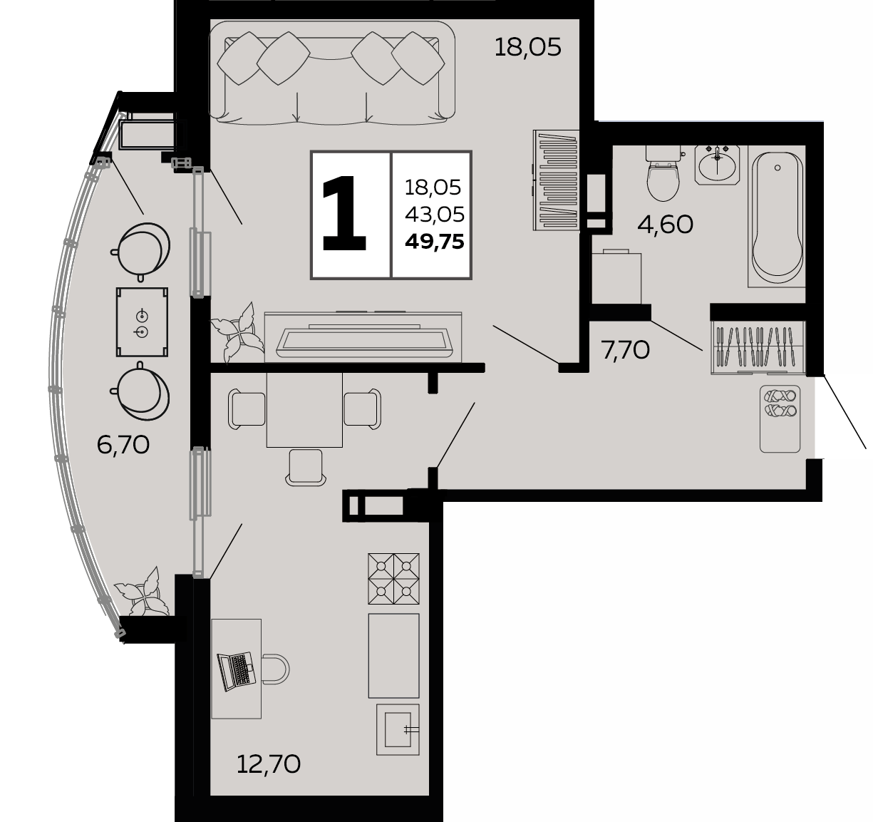 Планировка: 1-комн. квартира 49,8 м²