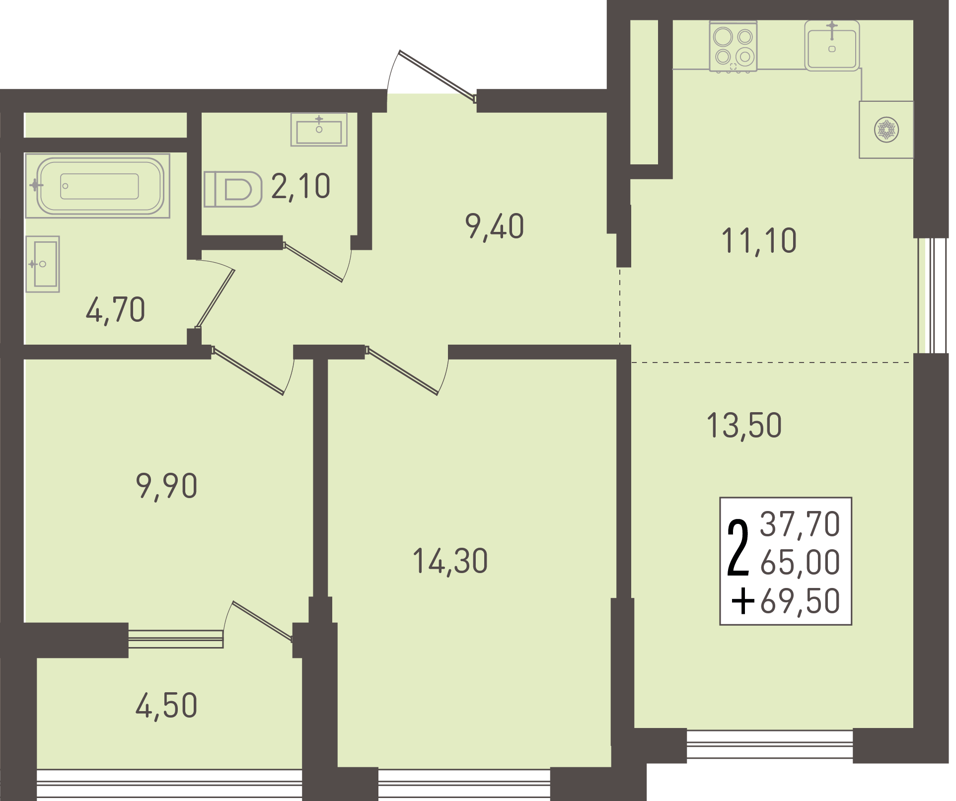 Планировка: 2-комн. квартира 69,5 м²