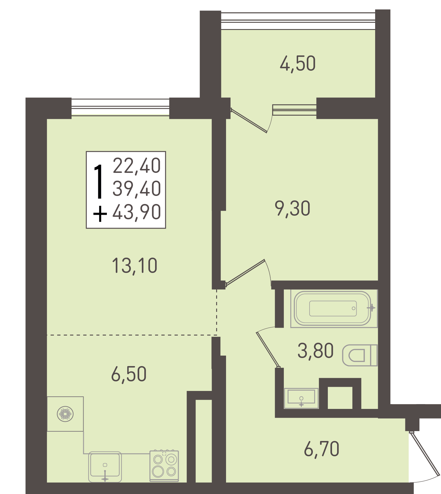 Планировка: 1-комн. квартира 43,9 м²