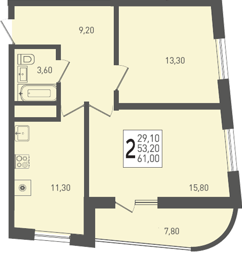 Планировка 2-комнатная 61 м²