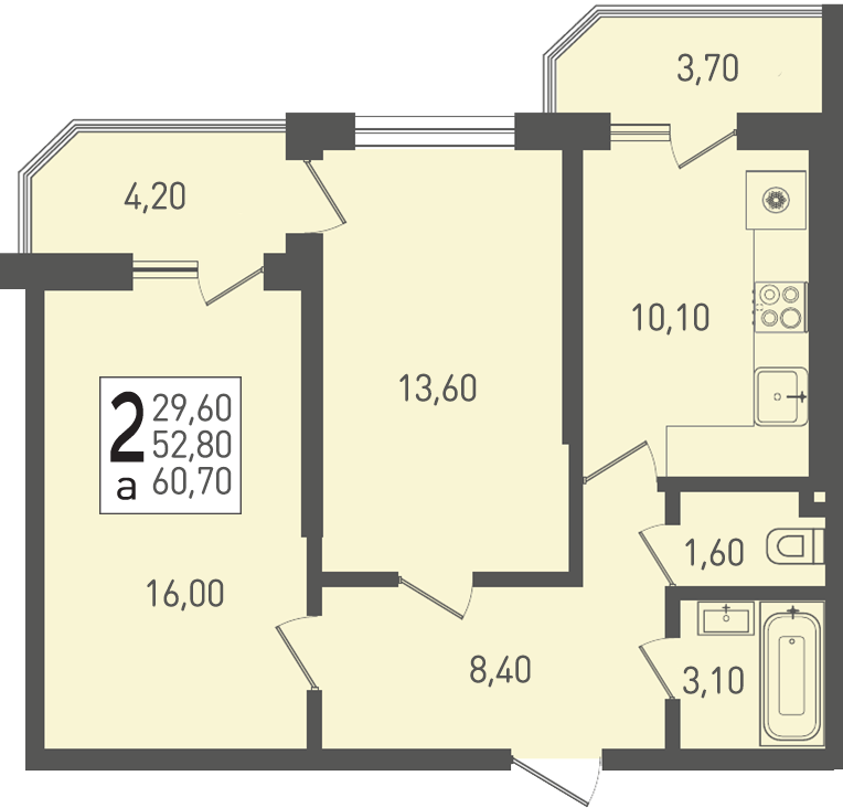 Планировка: 2-комн. квартира 60,7 м²